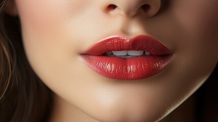 Obraz premium Beauty of girl lips with lipstick, blank background with girls lips for text space