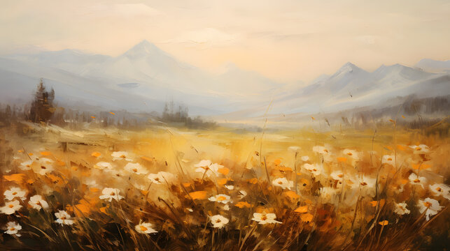 Art oil painting with meadow mountain flowers in spring