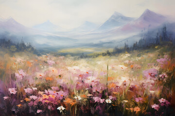 Art oil painting with meadow mountain flowers in spring - obrazy, fototapety, plakaty