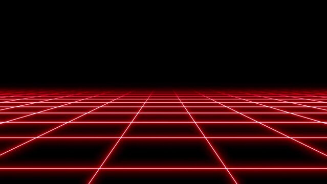 4K Parallax Retro Abstract VJ Motion Background Loop Inspired by 1980's: Infinite Flight Over Glowing Red Neon Square Grid, 3D Abstract 1980's Retrowave Cyberpunk Background with Neon Perspective Grid