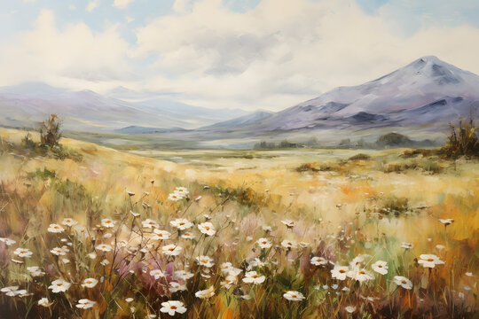 Art oil painting with meadow mountain flowers in spring	