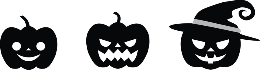 silhouette of halloween pumpkins. Jack-o-lantern black and white drawing. Vector Illustration.