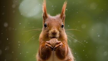 A red squirrel, dampened by rain droplets, holds a nut between its paws, attentively facing the camera with a green, bokeh background