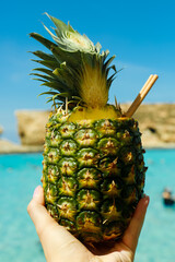 Female hand with tasty Pina Colada cocktail in pineapple on rocky sea shore