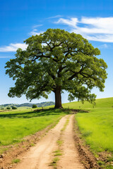 Large old oak tree in grassy field with blue sky in springtime