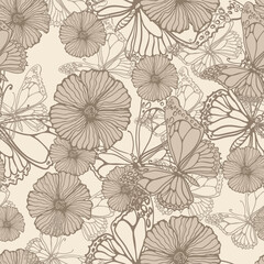 Leaves, butterflies and flowers. Hand-drawn graphics in beige shades. Seamless patterns for fabric and packaging design.