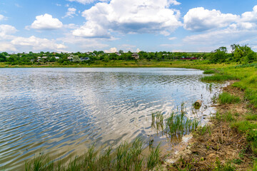 Lake or pond. Background with selective focus and copy space