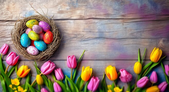 An Illustration of Easter Eggs, Tulips, and Painted Bliss Nestled on Wooden Planks. Made with Generative AI Technology