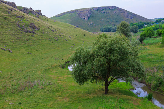 Hilly valley. Background with selective focus and copy space