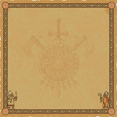 Square Viking Parchment with Medieval Coat of Arms and Warriors
