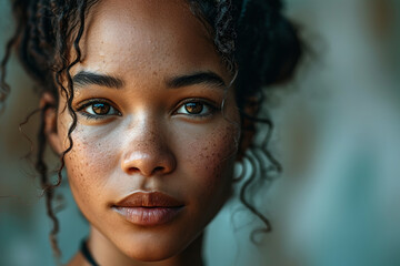 Captivating close-up of a young woman's face with striking eyes and freckles, exuding a strong presence.