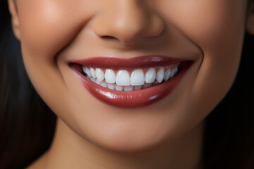Close-up of a woman's smile with perfect white teeth, exuding confidence and happiness.