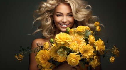Happy smiling blonde woman holds a beautiful bouquet of yellow flowers. AI Generated 