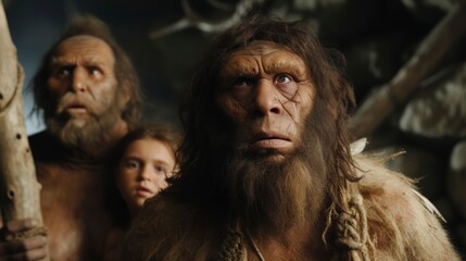 group of cavemen with ape-like features staring at the camera in amazement or fear