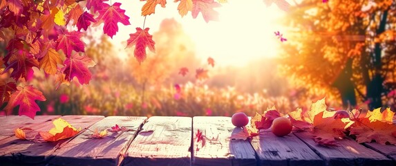 An Illustration of An Autumn Table featuring Red Leaves, with a Color Vintage Filter and a Dreamy Bokeh-filled Background. Made with Generative AI Technology