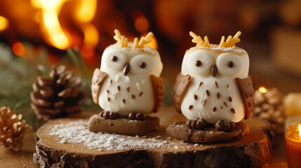 Obraz premium Nestled next to a blazing fire these Marshmallow Owl Smores are a delightful twist on the clic treat with marshmallow owls adding a touch of eness.