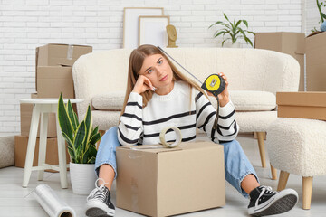 Tired young woman with cardboard box, adhesive and measuring tapes in living room. Moving house...