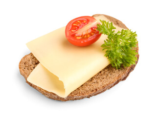 Tasty sandwich with cheese, tomato and parsley on white background