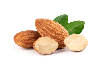 Almonds with leaves on white background