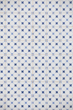 Complex mosaic tile in blue and white geometric shapes style 