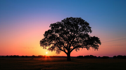 As the sun rises behind the tree its silhouette is highlighted against the evolving colors of the dawn sky.