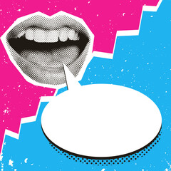Halftone talking female mouth with pop speech bubble on abstract half blue and pink background. Square Contemporary digital collage art