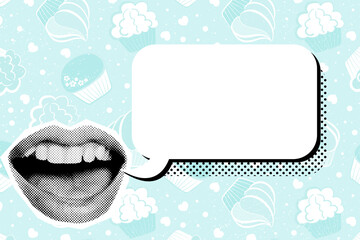 Halftone talking female mouth with pop speech bubble on muffins  background. Square Contemporary digital collage art