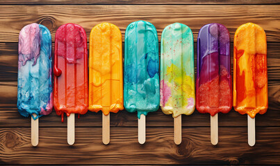 Colorful popsicles on wooden background. Top view with copy space