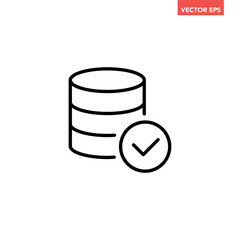 Black single database confirmed line icon, simple data with check mark flat design vector pictogram, infographic interface elements for app logo web button ui ux isolated on white background