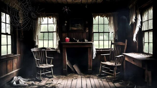 Interior of old house with haunted table and chairs