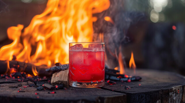 A tail shaker is aglow with flames as wood chips smolder inside infusing a vibrant red drink with the essence of a campfire. Notes of mesquite and applewood tantalize the