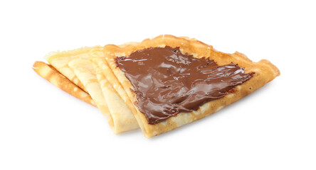 Tasty crepes with chocolate paste isolated on white