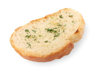 Piece of tasty baguette with dill isolated on white