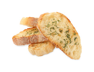 Pieces of tasty baguette with dill isolated on white
