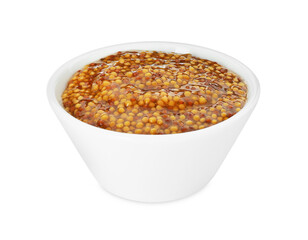Fresh whole grain mustard in bowl isolated on white