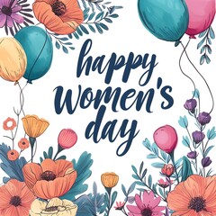 Happy Women's Day sign with flowers and baloons on white background. International Womens Day message .
