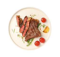 Plate with delicious grilled beef steak, tomatoes, rosemary and lemon slice isolated on white, top view