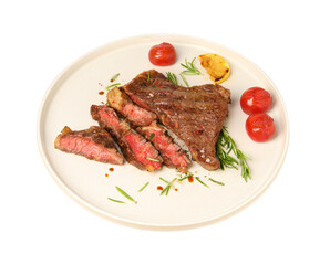 Plate with delicious grilled beef steak, tomatoes, rosemary and lemon slice isolated on white, above view