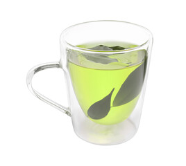 Fresh green tea in glass mug and leaves isolated on white