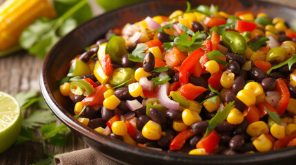 A colorful and vibrant bowl packed with grilled corn black beans and roasted bell peppers all tossed in a chipotlelime vinaigrette. The flamekissed vegetables bring a depth