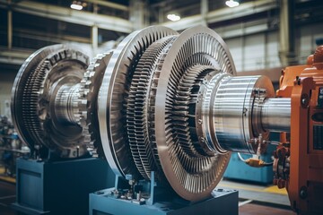 A close-up view of a large, industrial generator rotor in a power plant, surrounded by complex machinery and intricate wiring systems