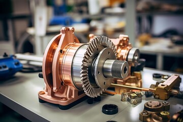 Detailed view of a Commutator, an essential part of an electric motor, surrounded by various industrial tools and machinery in a well-lit factory setting - obrazy, fototapety, plakaty