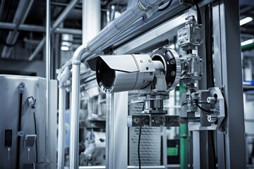 An Intrusion Sensor Mounted on a Factory Wall, Surrounded by Industrial Machinery and Piping, Acting as a Guardian of Safety and Security