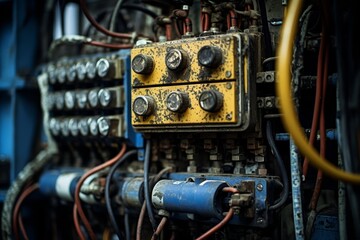 An intricate close-up view of a fuse in an industrial setting, surrounded by wires, machinery and the gritty texture of a working environment