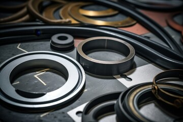 A Close-up View of a Rubber Gasket Lying on a Metallic Surface Surrounded by Various Industrial Tools in a Mechanical Workshop
