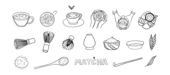 Big set of hand drawn matcha tea theme elements in doodle style. Matcha powder, Matcha Measuring Spoon, bamboo whisk, japanese tea, matcha latte, cup in hands. Cute vector illustration EPS10