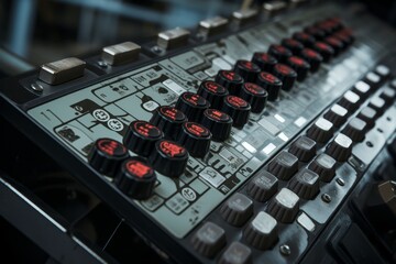 Close-up view of a rugged industrial keypad set against the backdrop of a bustling factory, showcasing the intricate details and robust design