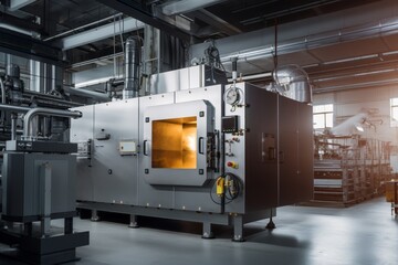 A large, industrial sintering oven sits idle in a spacious factory, bathed in the soft glow of overhead lights, awaiting its next batch of materials