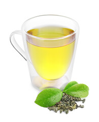 Green tea in glass cup and dried leaves isolated on white