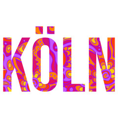 Köln psychedelic design city text filled with indie colorful doodle pattern. Decorative vector text